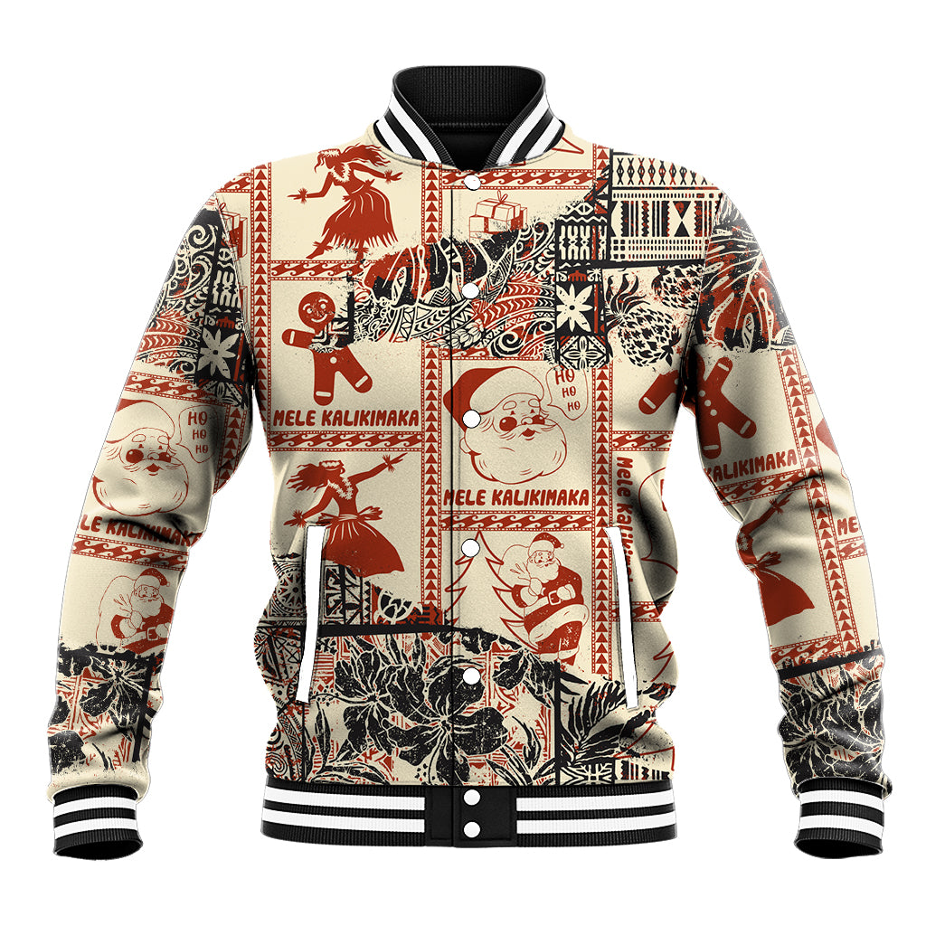 Aloha Hawaii Christmas Baseball Jacket Mele Kalikimaka Tapa Tribal Retro Style LT9 Unisex Beige - Polynesian Pride