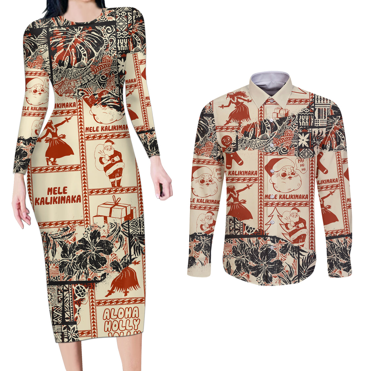 Aloha Hawaii Christmas Couples Matching Long Sleeve Bodycon Dress and Long Sleeve Button Shirt Mele Kalikimaka Tapa Tribal Retro Style LT9 Beige - Polynesian Pride