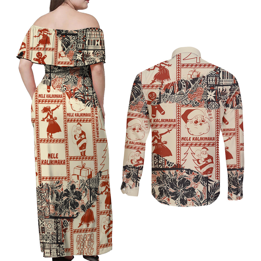 Aloha Hawaii Christmas Couples Matching Off Shoulder Maxi Dress and Long Sleeve Button Shirt Mele Kalikimaka Tapa Tribal Retro Style LT9 - Polynesian Pride