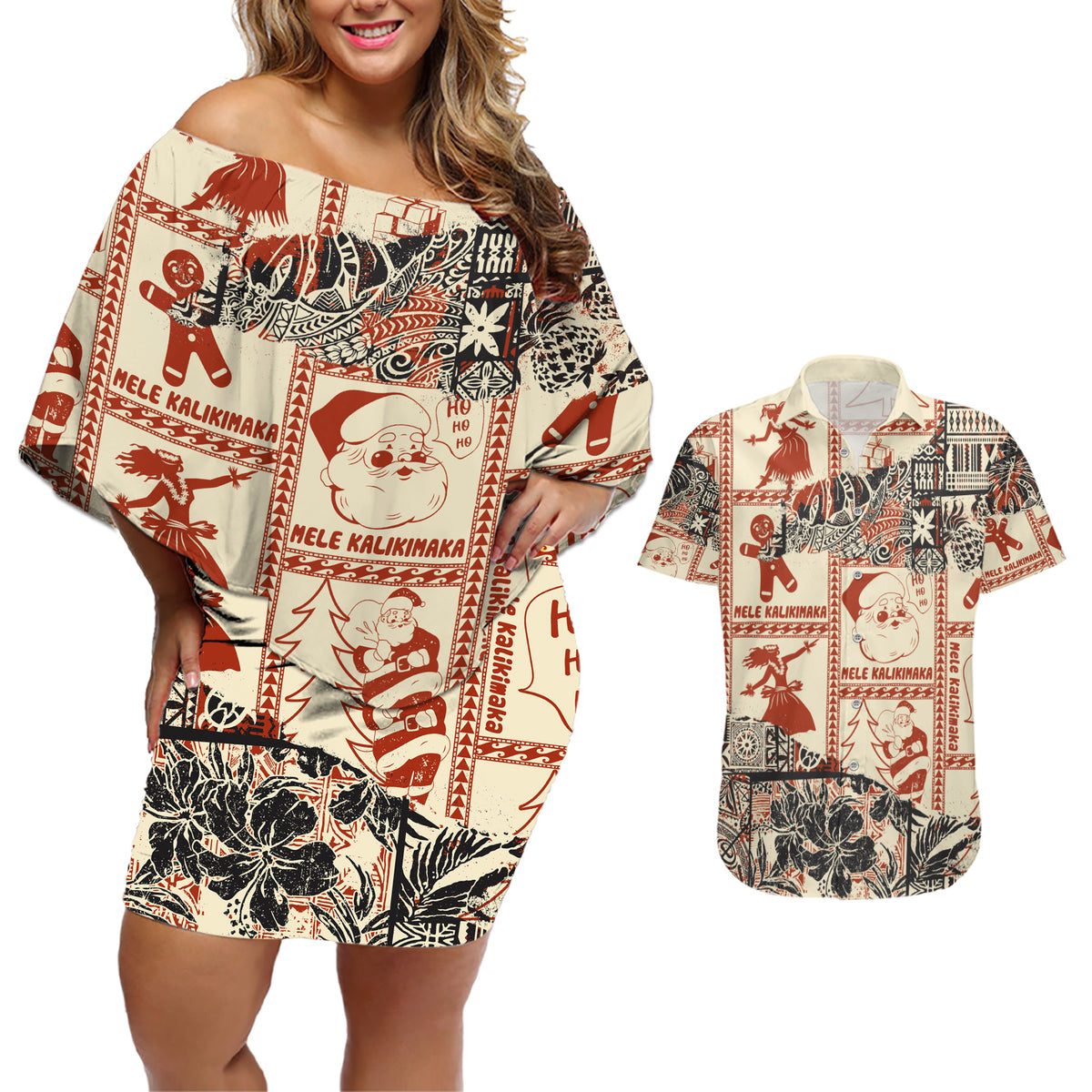 Aloha Hawaii Christmas Couples Matching Off Shoulder Short Dress and Hawaiian Shirt Mele Kalikimaka Tapa Tribal Retro Style LT9 Beige - Polynesian Pride