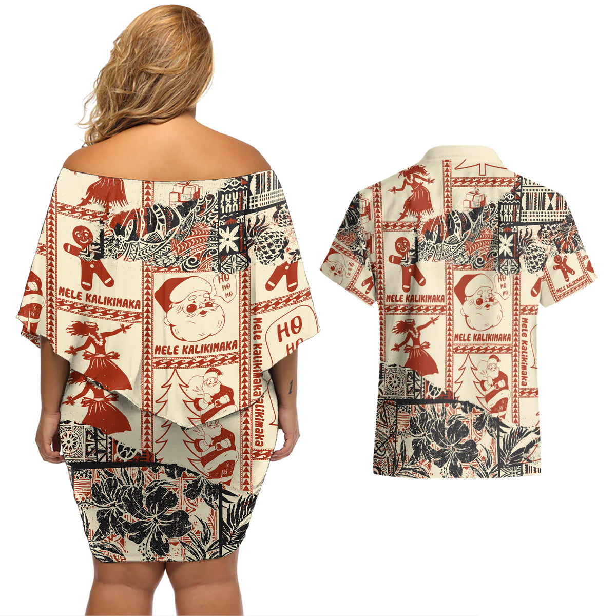 Aloha Hawaii Christmas Couples Matching Off Shoulder Short Dress and Hawaiian Shirt Mele Kalikimaka Tapa Tribal Retro Style LT9 - Polynesian Pride