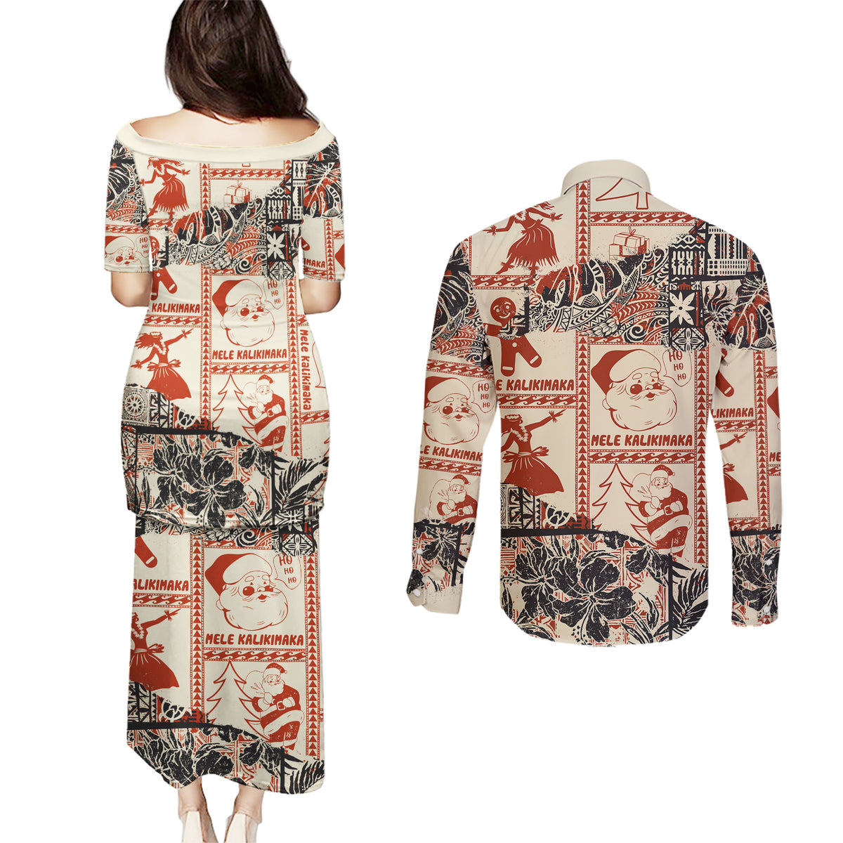 Aloha Hawaii Christmas Couples Matching Puletasi Dress and Long Sleeve Button Shirt Mele Kalikimaka Tapa Tribal Retro Style LT9 - Polynesian Pride