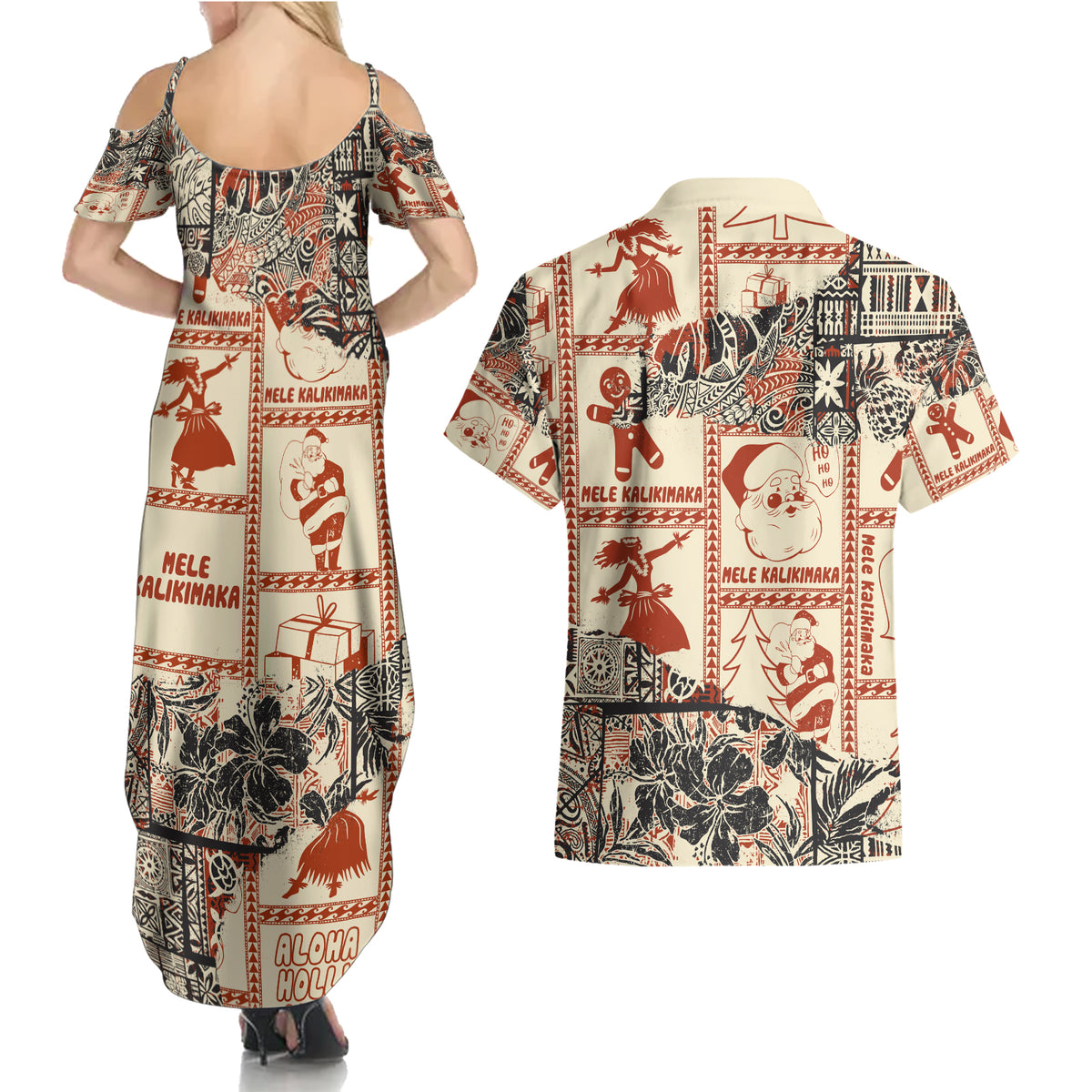 Aloha Hawaii Christmas Couples Matching Summer Maxi Dress and Hawaiian Shirt Mele Kalikimaka Tapa Tribal Retro Style LT9 - Polynesian Pride