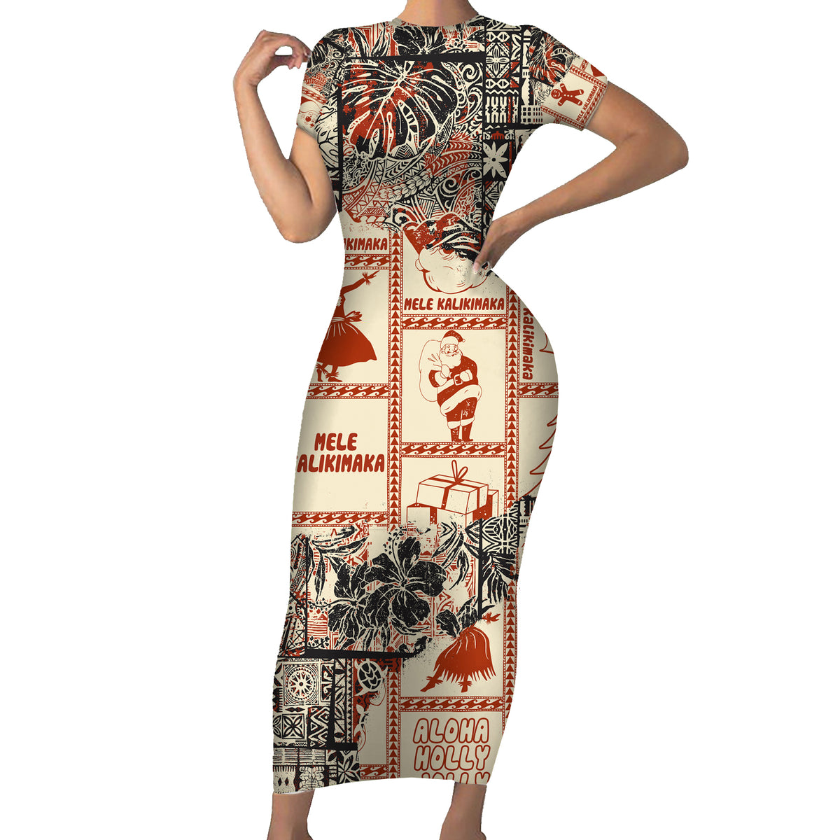 Aloha Hawaii Christmas Family Matching Short Sleeve Bodycon Dress and Hawaiian Shirt Mele Kalikimaka Tapa Tribal Retro Style LT9 Mom's Dress Beige - Polynesian Pride