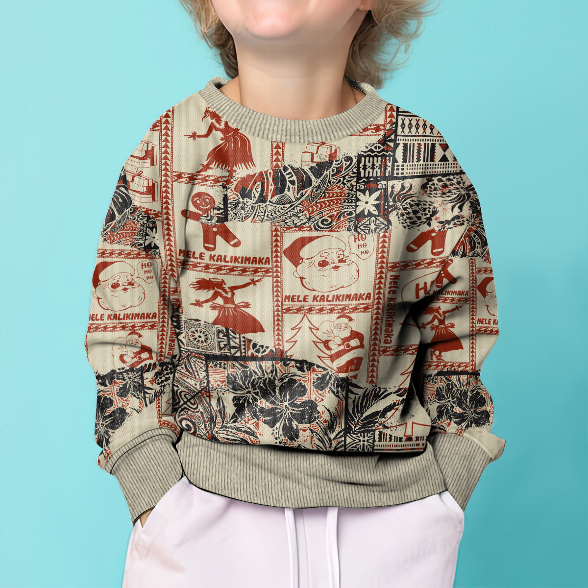 Aloha Hawaii Christmas Kid Ugly Christmas Sweater Mele Kalikimaka Tapa Tribal Retro Style LT9 - Polynesian Pride