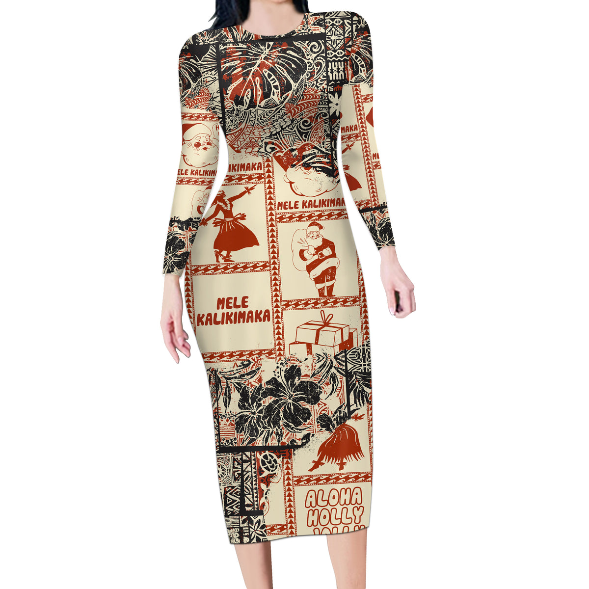 Aloha Hawaii Christmas Long Sleeve Bodycon Dress Mele Kalikimaka Tapa Tribal Retro Style LT9 Long Dress Beige - Polynesian Pride