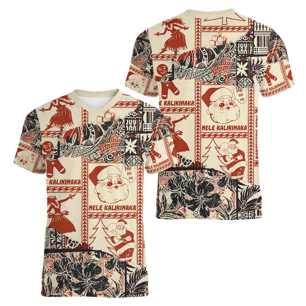 Aloha Hawaii Christmas Women V Neck T Shirt Mele Kalikimaka Tapa Tribal Retro Style LT9 - Polynesian Pride