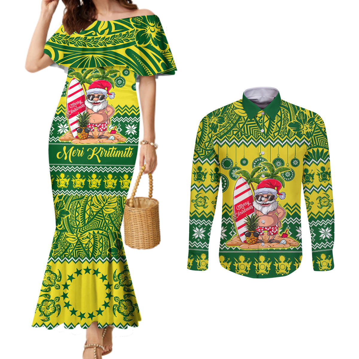 Cook Islands Christmas Couples Matching Mermaid Dress and Long Sleeve Button Shirt Santa Beach Meri Kiritimiti LT9 Green - Polynesian Pride