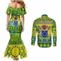 Cook Islands Christmas Couples Matching Mermaid Dress and Long Sleeve Button Shirt Santa Beach Meri Kiritimiti LT9 - Polynesian Pride
