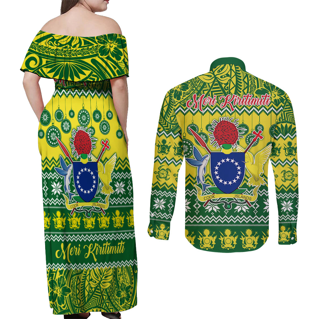 Cook Islands Christmas Couples Matching Off Shoulder Maxi Dress and Long Sleeve Button Shirt Santa Beach Meri Kiritimiti LT9 - Polynesian Pride