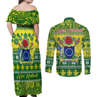 Cook Islands Christmas Couples Matching Off Shoulder Maxi Dress and Long Sleeve Button Shirt Santa Beach Meri Kiritimiti LT9 - Polynesian Pride