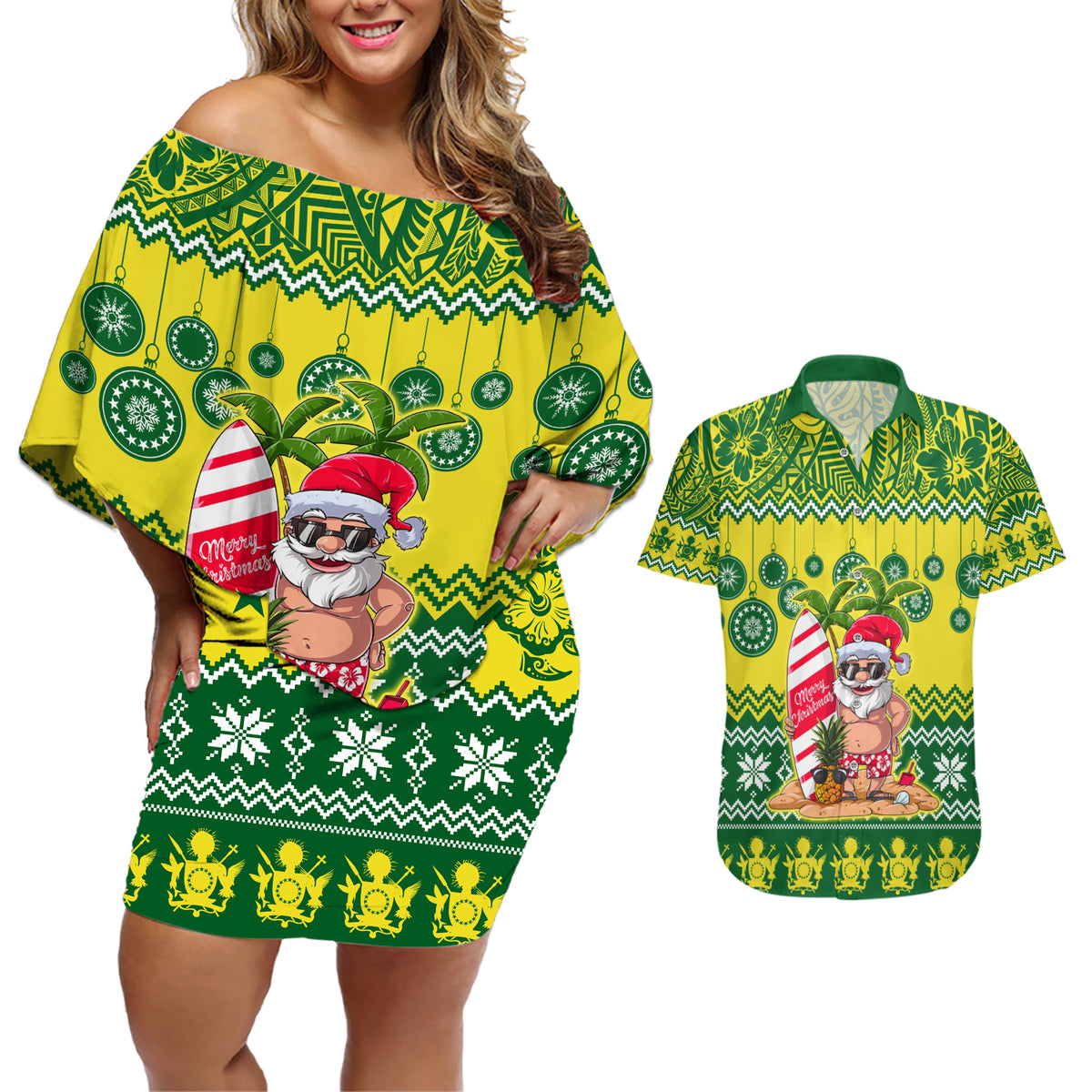 Cook Islands Christmas Couples Matching Off Shoulder Short Dress and Hawaiian Shirt Santa Beach Meri Kiritimiti LT9 Green - Polynesian Pride