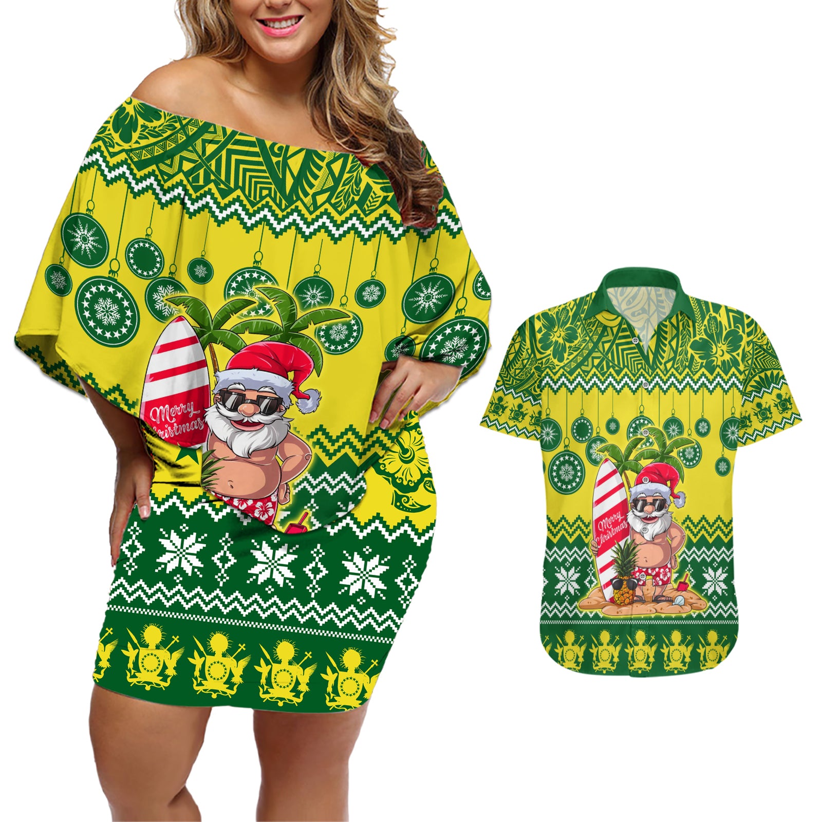 Cook Islands Christmas Couples Matching Off Shoulder Short Dress and Hawaiian Shirt Santa Beach Meri Kiritimiti LT9 Green - Polynesian Pride