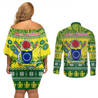 Cook Islands Christmas Couples Matching Off Shoulder Short Dress and Long Sleeve Button Shirt Santa Beach Meri Kiritimiti LT9 - Polynesian Pride