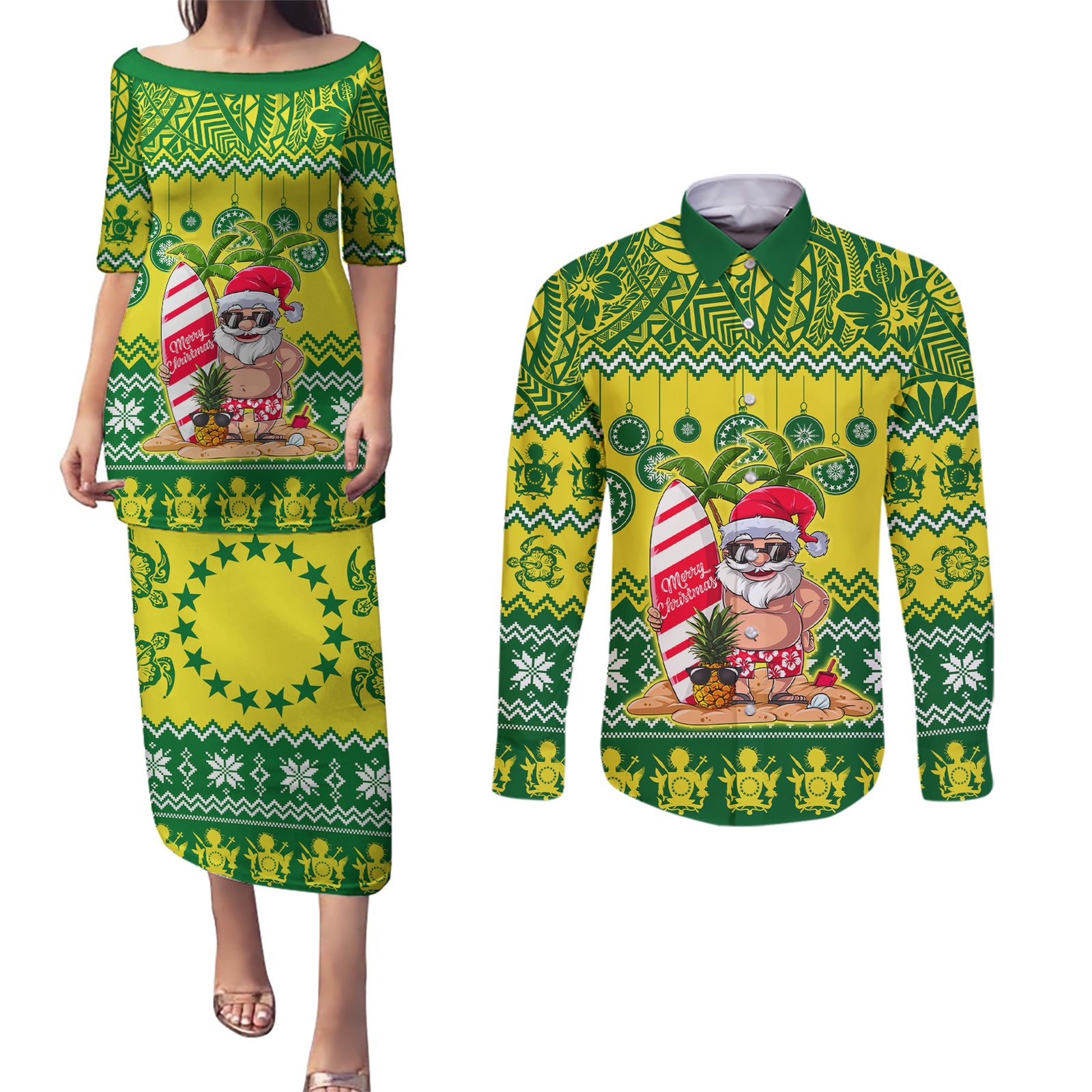 Cook Islands Christmas Couples Matching Puletasi Dress and Long Sleeve Button Shirt Santa Beach Meri Kiritimiti LT9 Green - Polynesian Pride
