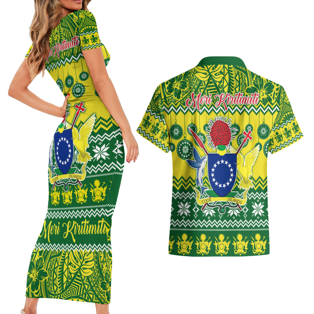 Cook Islands Christmas Couples Matching Short Sleeve Bodycon Dress and Hawaiian Shirt Santa Beach Meri Kiritimiti LT9 - Polynesian Pride