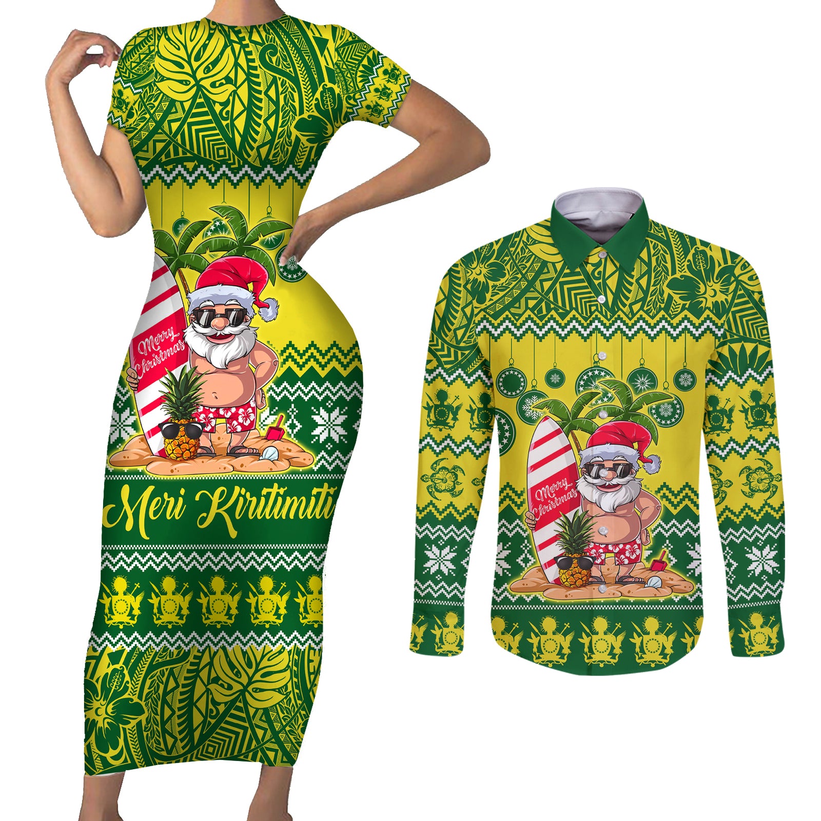 Cook Islands Christmas Couples Matching Short Sleeve Bodycon Dress and Long Sleeve Button Shirt Santa Beach Meri Kiritimiti LT9 Green - Polynesian Pride