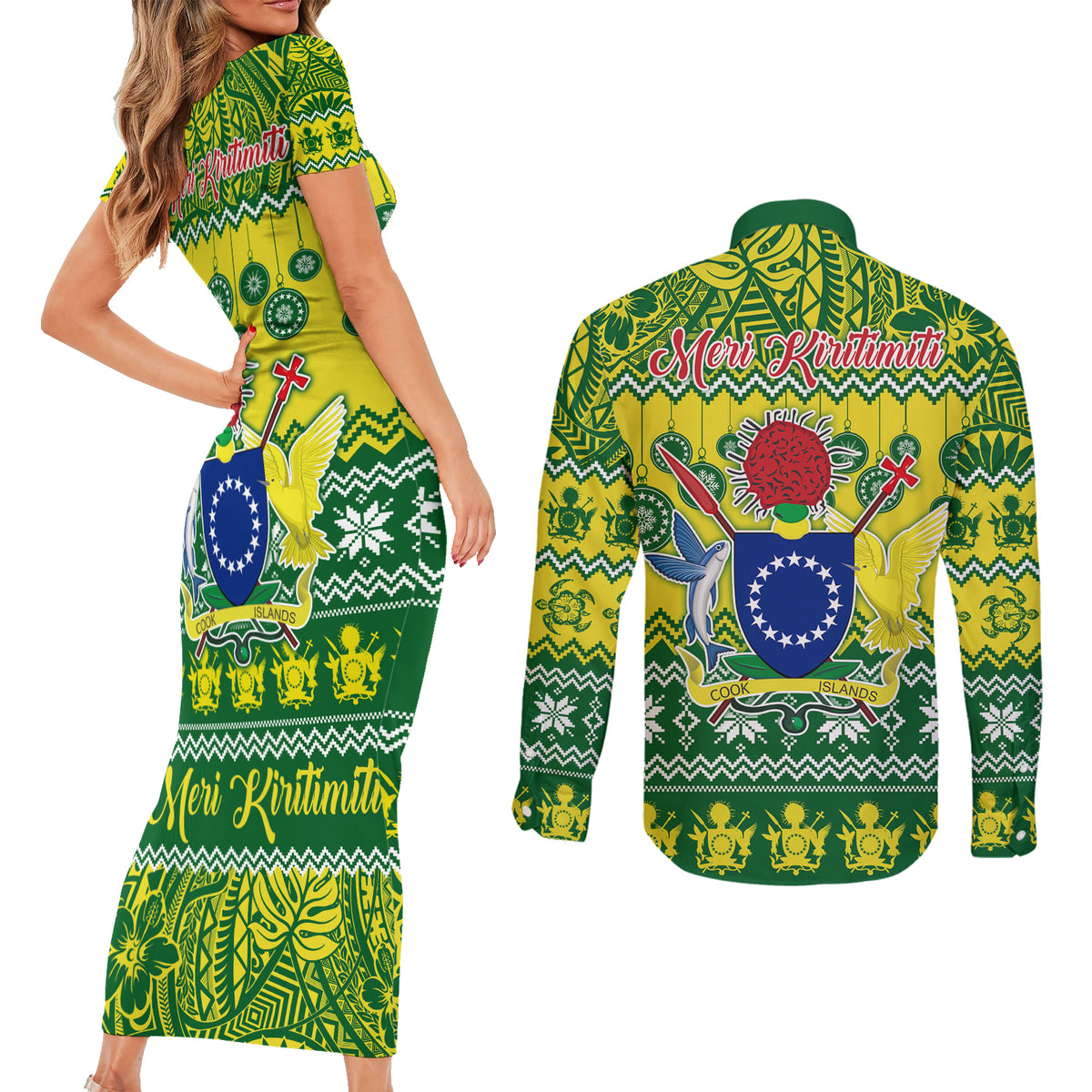 Cook Islands Christmas Couples Matching Short Sleeve Bodycon Dress and Long Sleeve Button Shirt Santa Beach Meri Kiritimiti LT9 - Polynesian Pride