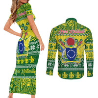 Cook Islands Christmas Couples Matching Short Sleeve Bodycon Dress and Long Sleeve Button Shirt Santa Beach Meri Kiritimiti LT9 - Polynesian Pride