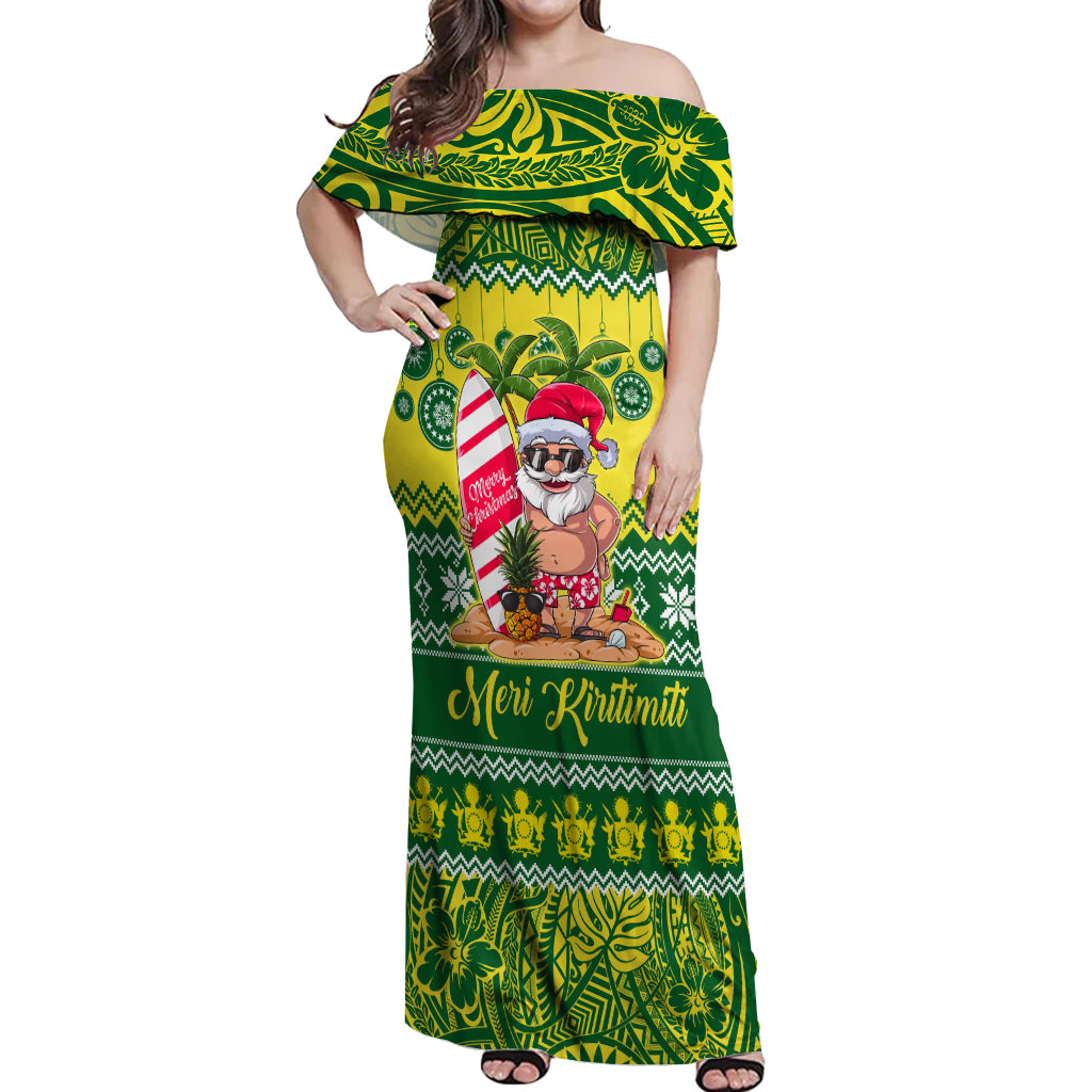 Cook Islands Christmas Off Shoulder Maxi Dress Santa Beach Meri Kiritimiti LT9 Women Green - Polynesian Pride