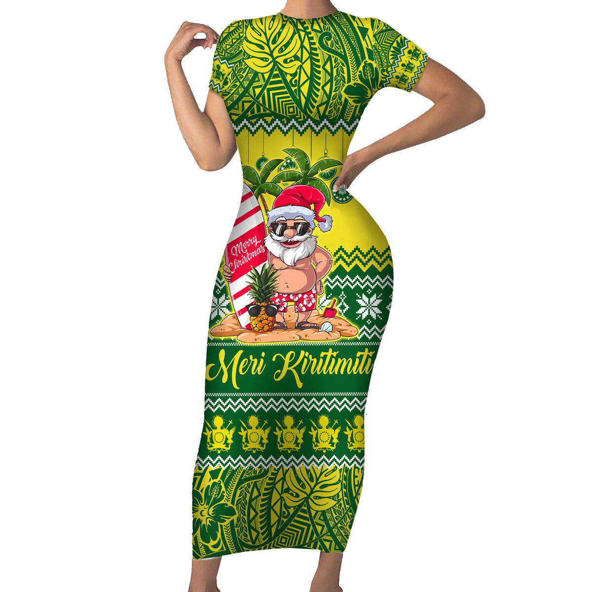 Cook Islands Christmas Short Sleeve Bodycon Dress Santa Beach Meri Kiritimiti LT9 Long Dress Green - Polynesian Pride