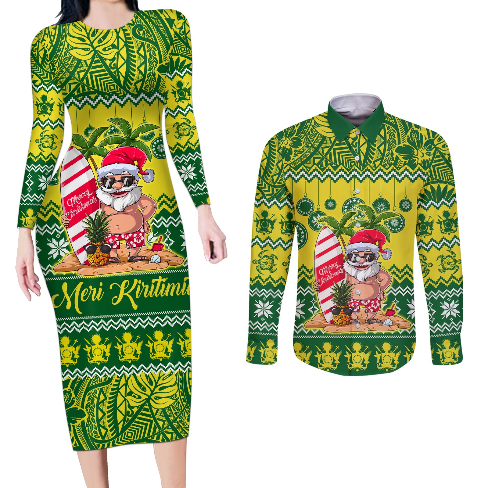 Personalised Cook Islands Christmas Couples Matching Long Sleeve Bodycon Dress and Long Sleeve Button Shirt Santa Beach Meri Kiritimiti LT9 Green - Polynesian Pride