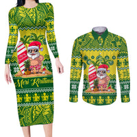 Personalised Cook Islands Christmas Couples Matching Long Sleeve Bodycon Dress and Long Sleeve Button Shirt Santa Beach Meri Kiritimiti LT9 Green - Polynesian Pride