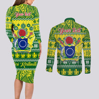 Personalised Cook Islands Christmas Couples Matching Long Sleeve Bodycon Dress and Long Sleeve Button Shirt Santa Beach Meri Kiritimiti LT9 - Polynesian Pride