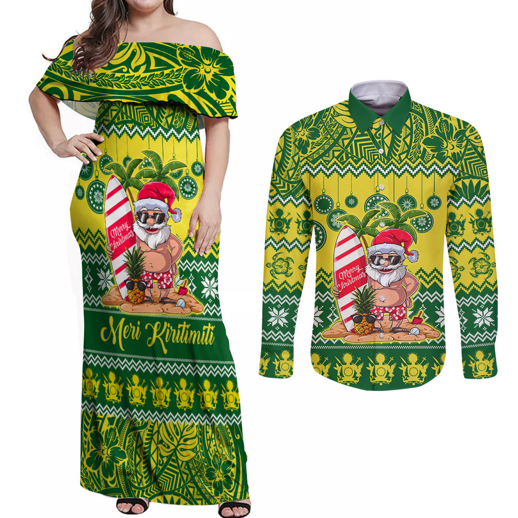 Personalised Cook Islands Christmas Couples Matching Off Shoulder Maxi Dress and Long Sleeve Button Shirt Santa Beach Meri Kiritimiti LT9 Green - Polynesian Pride