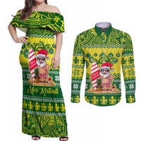 Personalised Cook Islands Christmas Couples Matching Off Shoulder Maxi Dress and Long Sleeve Button Shirt Santa Beach Meri Kiritimiti LT9 Green - Polynesian Pride