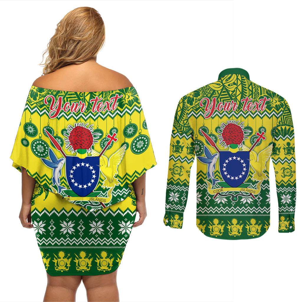 Personalised Cook Islands Christmas Couples Matching Off Shoulder Short Dress and Long Sleeve Button Shirt Santa Beach Meri Kiritimiti LT9 - Polynesian Pride