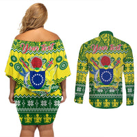 Personalised Cook Islands Christmas Couples Matching Off Shoulder Short Dress and Long Sleeve Button Shirt Santa Beach Meri Kiritimiti LT9 - Polynesian Pride