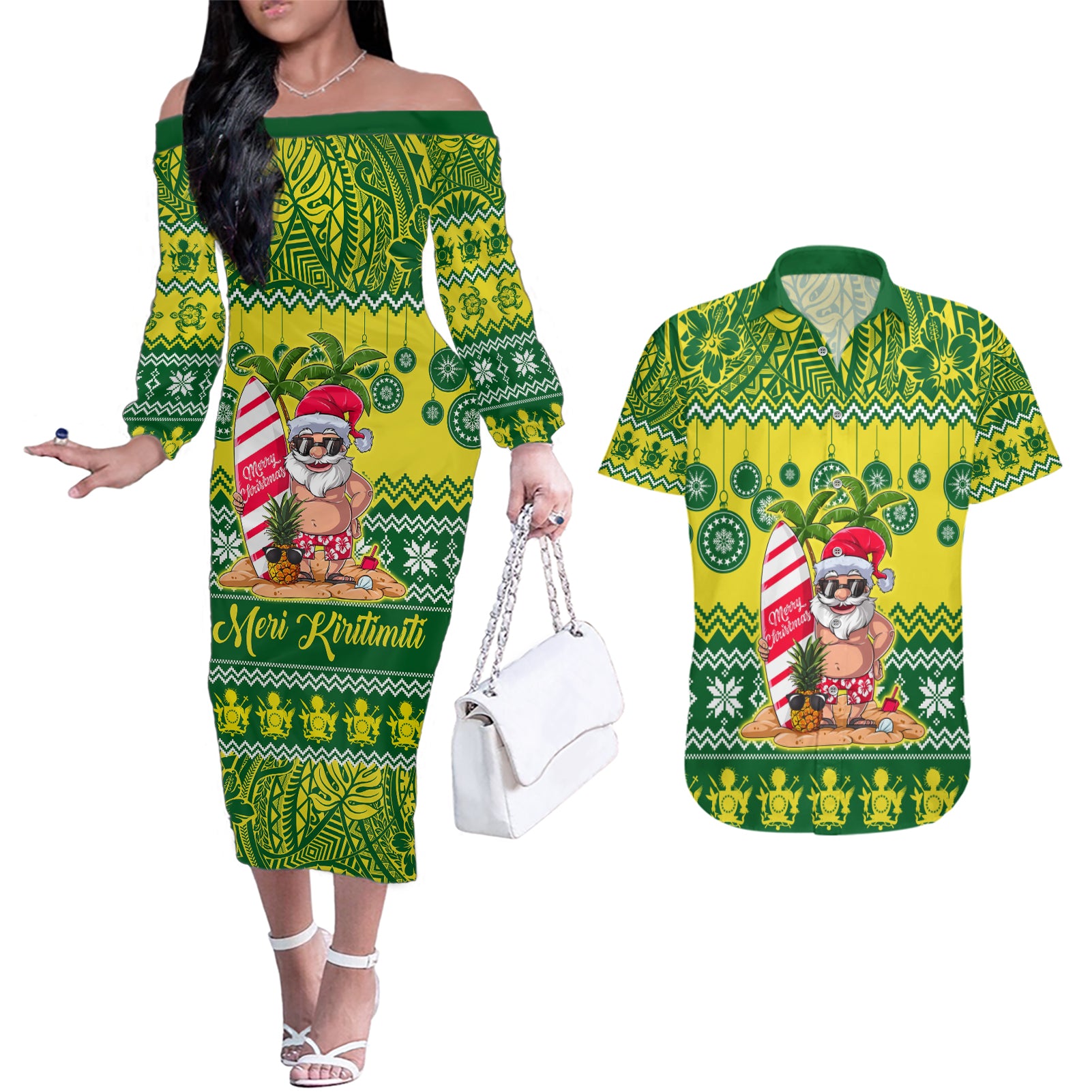 Personalised Cook Islands Christmas Couples Matching Off The Shoulder Long Sleeve Dress and Hawaiian Shirt Santa Beach Meri Kiritimiti LT9 Green - Polynesian Pride