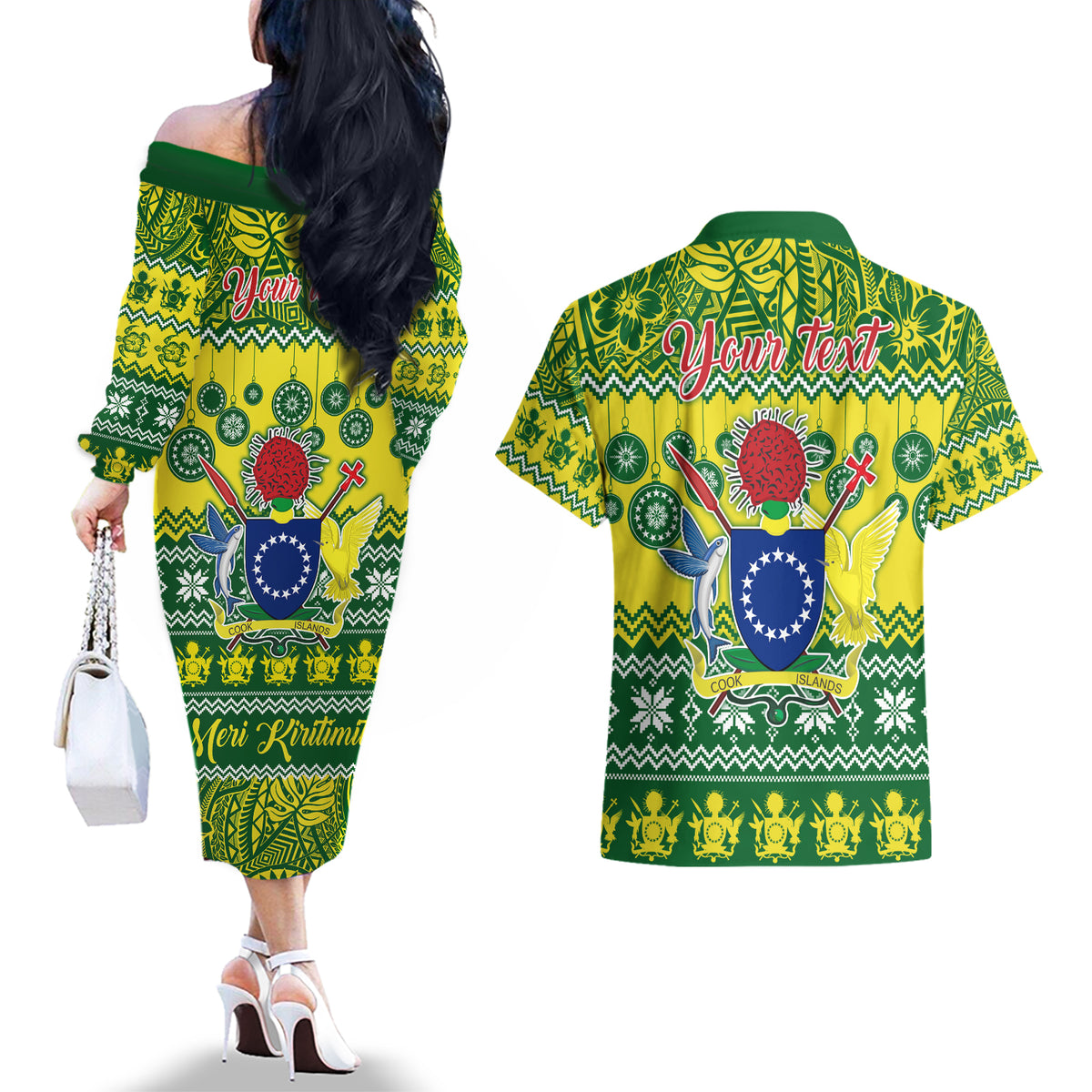 Personalised Cook Islands Christmas Couples Matching Off The Shoulder Long Sleeve Dress and Hawaiian Shirt Santa Beach Meri Kiritimiti LT9 - Polynesian Pride