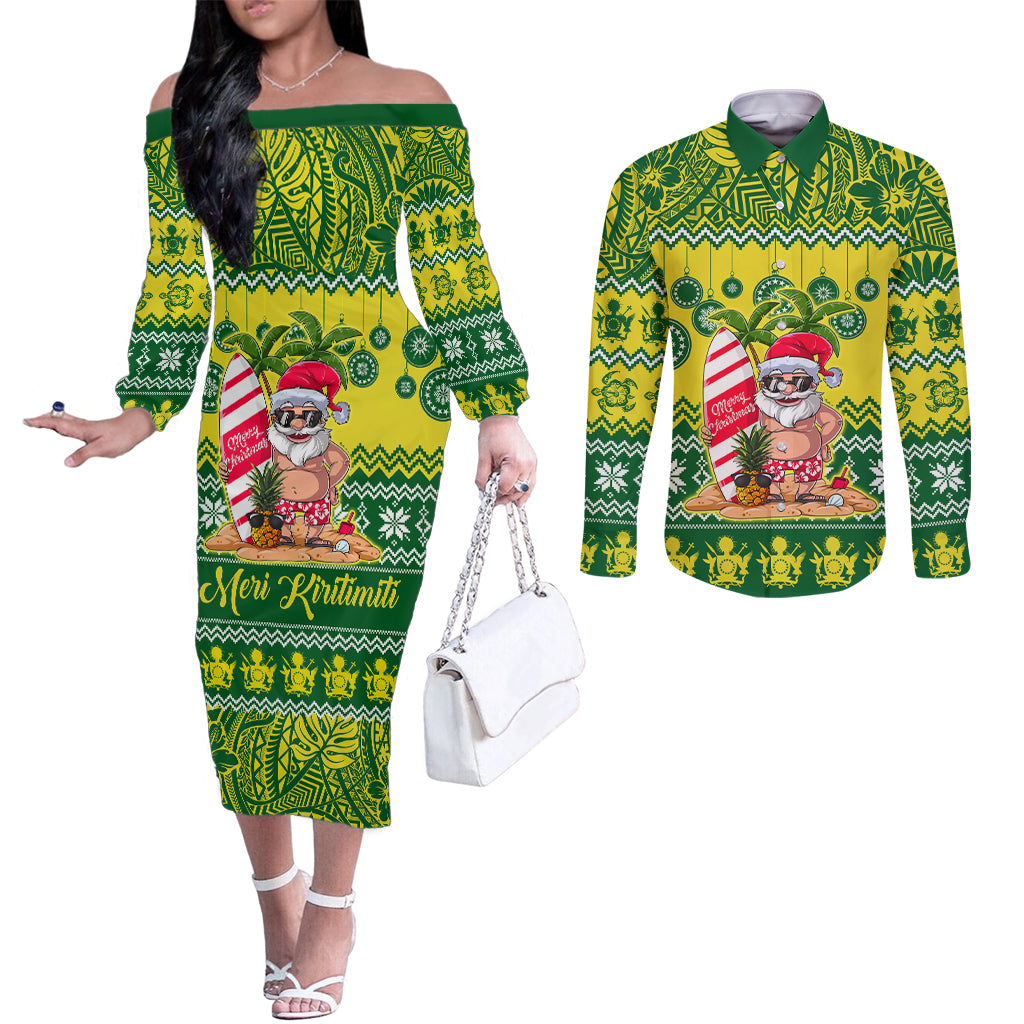 Personalised Cook Islands Christmas Couples Matching Off The Shoulder Long Sleeve Dress and Long Sleeve Button Shirt Santa Beach Meri Kiritimiti LT9 Green - Polynesian Pride