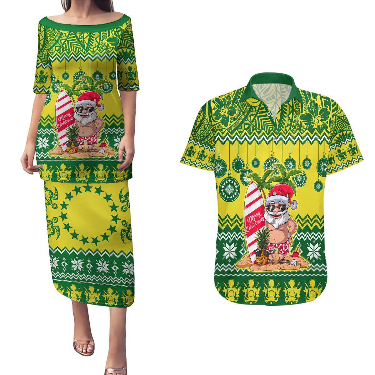 Personalised Cook Islands Christmas Couples Matching Puletasi Dress and Hawaiian Shirt Santa Beach Meri Kiritimiti LT9 Green - Polynesian Pride