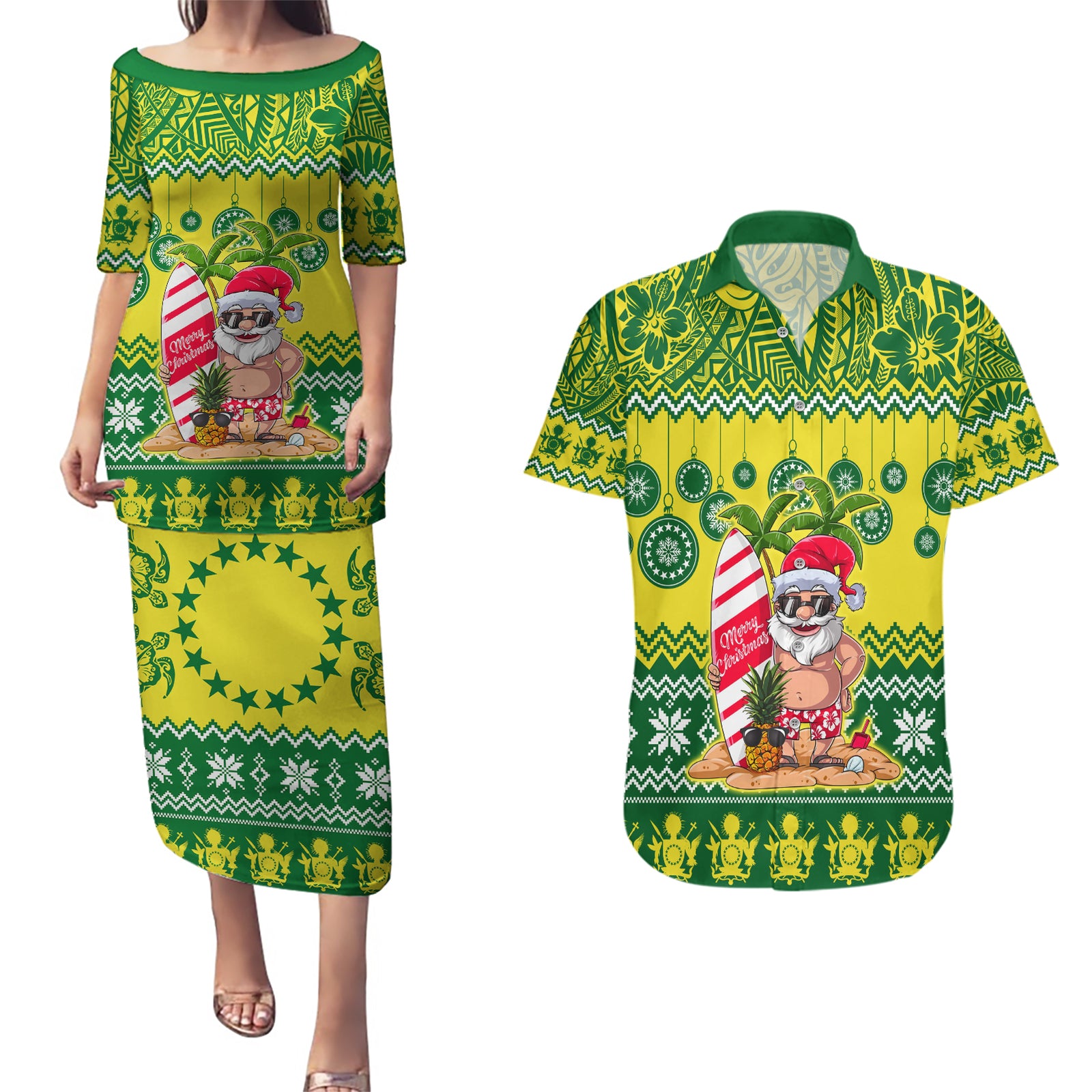 Personalised Cook Islands Christmas Couples Matching Puletasi Dress and Hawaiian Shirt Santa Beach Meri Kiritimiti LT9 Green - Polynesian Pride
