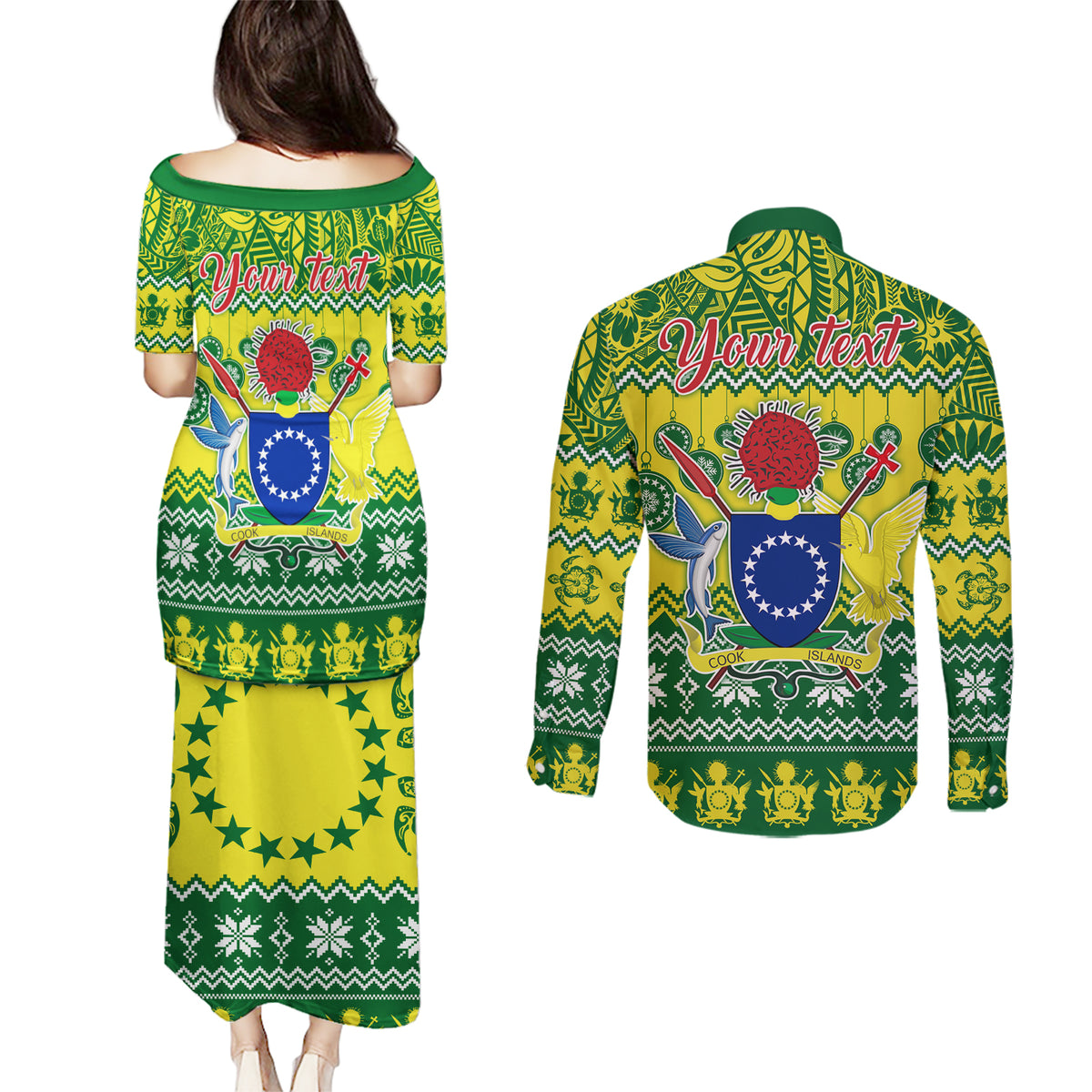 Personalised Cook Islands Christmas Couples Matching Puletasi Dress and Long Sleeve Button Shirt Santa Beach Meri Kiritimiti LT9 - Polynesian Pride