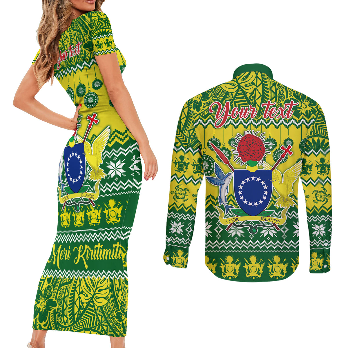 Personalised Cook Islands Christmas Couples Matching Short Sleeve Bodycon Dress and Long Sleeve Button Shirt Santa Beach Meri Kiritimiti LT9 - Polynesian Pride