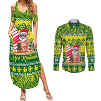 Personalised Cook Islands Christmas Couples Matching Summer Maxi Dress and Long Sleeve Button Shirt Santa Beach Meri Kiritimiti LT9 Green - Polynesian Pride