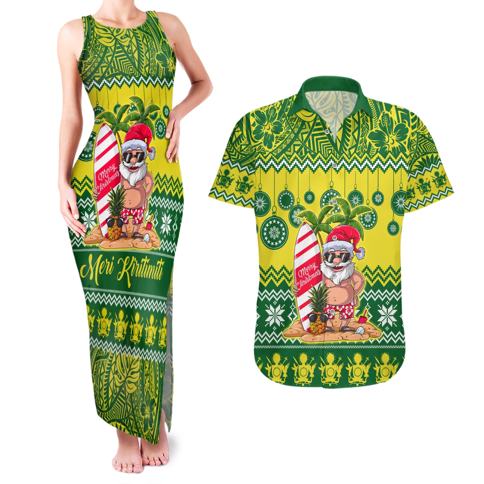 Personalised Cook Islands Christmas Couples Matching Tank Maxi Dress and Hawaiian Shirt Santa Beach Meri Kiritimiti LT9 Green - Polynesian Pride