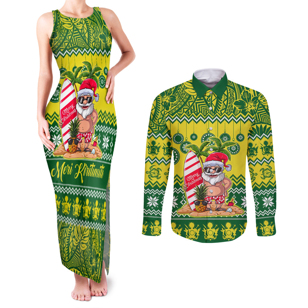 Personalised Cook Islands Christmas Couples Matching Tank Maxi Dress and Long Sleeve Button Shirt Santa Beach Meri Kiritimiti LT9 Green - Polynesian Pride