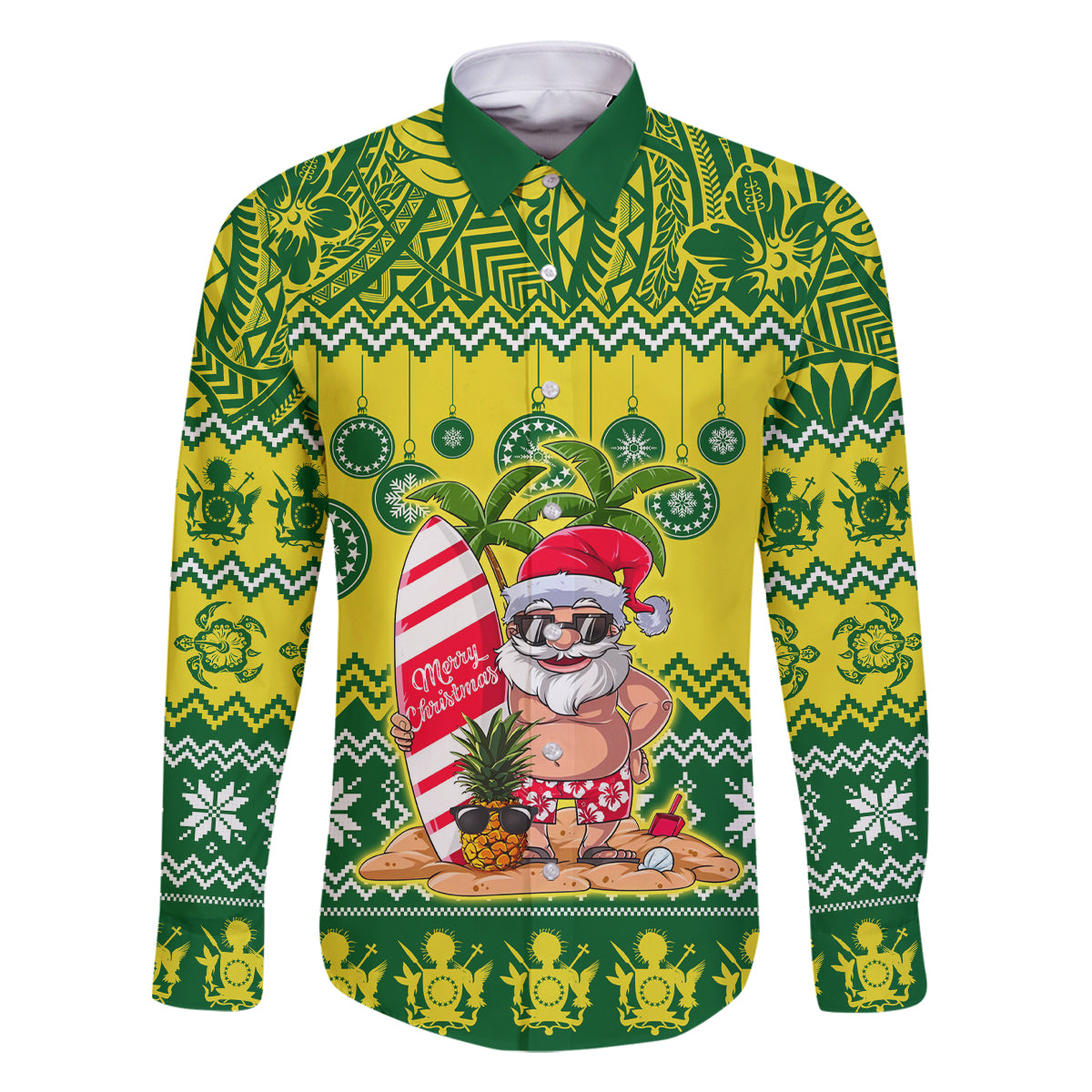 Personalised Cook Islands Christmas Family Matching Off Shoulder Maxi Dress and Hawaiian Shirt Santa Beach Meri Kiritimiti LT9 Dad's Shirt - Long Sleeve Green - Polynesian Pride