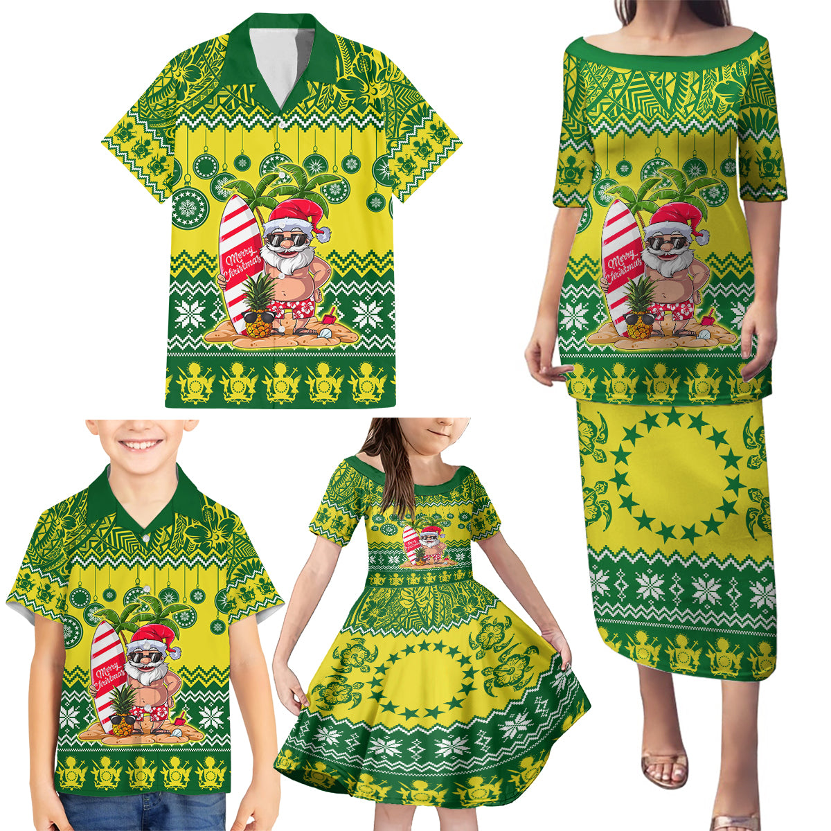 Personalised Cook Islands Christmas Family Matching Puletasi Dress and Hawaiian Shirt Santa Beach Meri Kiritimiti LT9 - Polynesian Pride