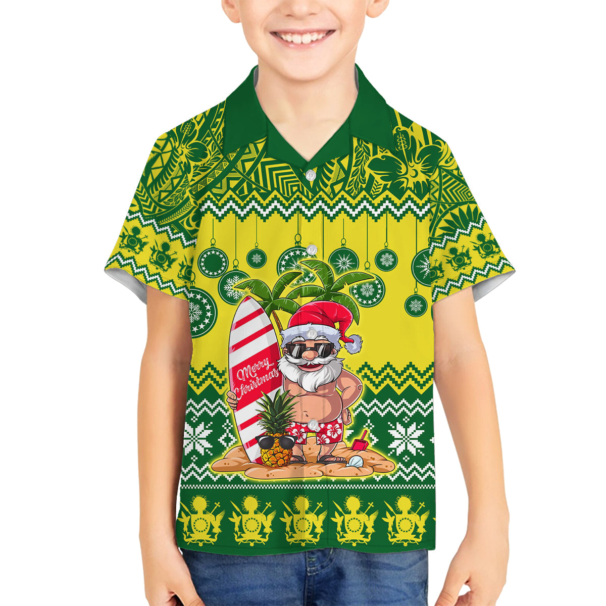 Personalised Cook Islands Christmas Family Matching Puletasi Dress and Hawaiian Shirt Santa Beach Meri Kiritimiti LT9 Son's Shirt Green - Polynesian Pride