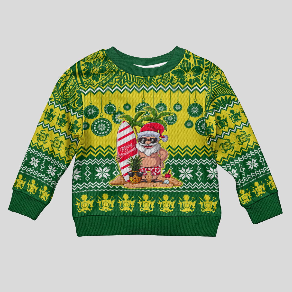Personalised Cook Islands Christmas Kid Ugly Christmas Sweater Santa Beach Meri Kiritimiti LT9 Kid Green - Polynesian Pride