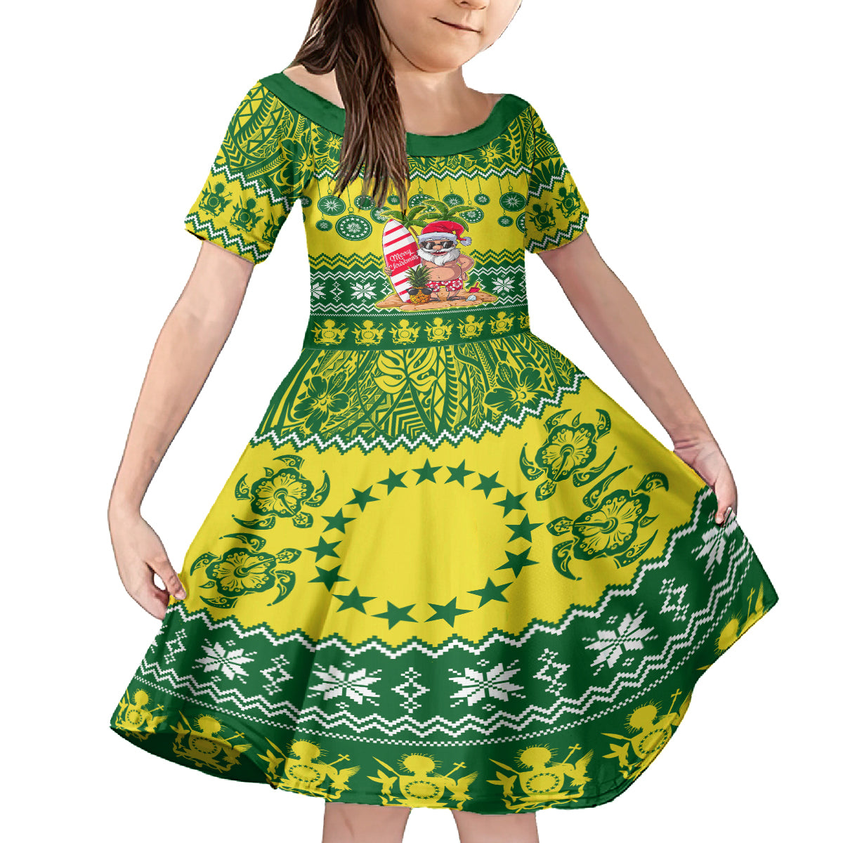 Personalised Cook Islands Christmas Kid Short Sleeve Dress Santa Beach Meri Kiritimiti LT9 KID Green - Polynesian Pride