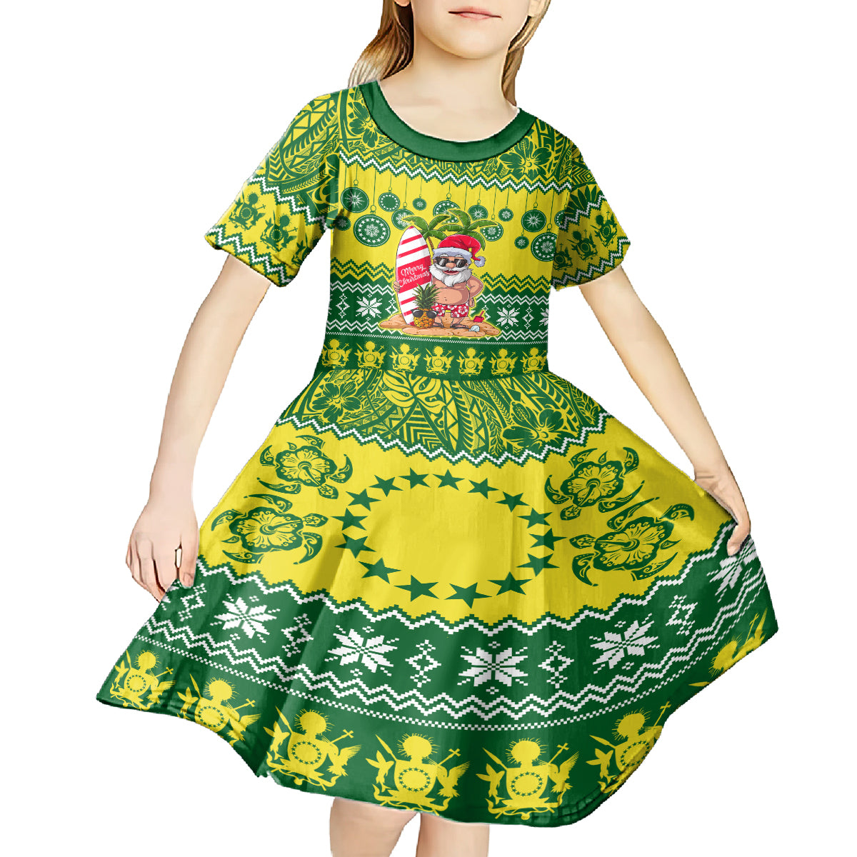 Personalised Cook Islands Christmas Kid Short Sleeve Dress Santa Beach Meri Kiritimiti LT9 - Polynesian Pride