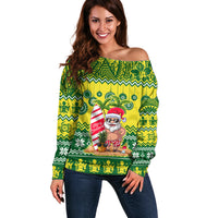 Personalised Cook Islands Christmas Off Shoulder Sweater Santa Beach Meri Kiritimiti LT9 Women Green - Polynesian Pride