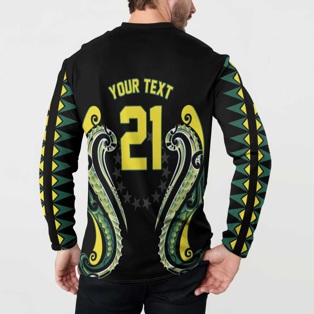 Custom Rugby Cook Islands Avaiki Button Sweatshirt Black Kuki Airani Tribal Maori Inspired - Polynesian Pride